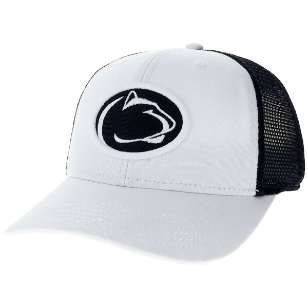 white front and brim trucker hat with stitched Penn State Athletic Logo